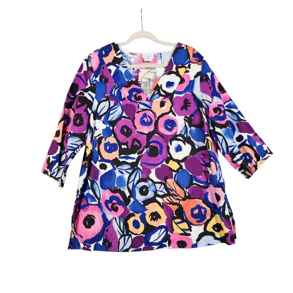 Hot Cotton Tops - Hot Cotton Womens Linen Tunic Top Plus Size 1X Bright Watercolor Orchid Print